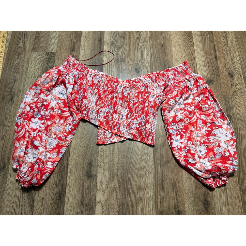 Free People Shirts Women Size Small Red Puff Sleeve Floral Smocked Off-Shoulder